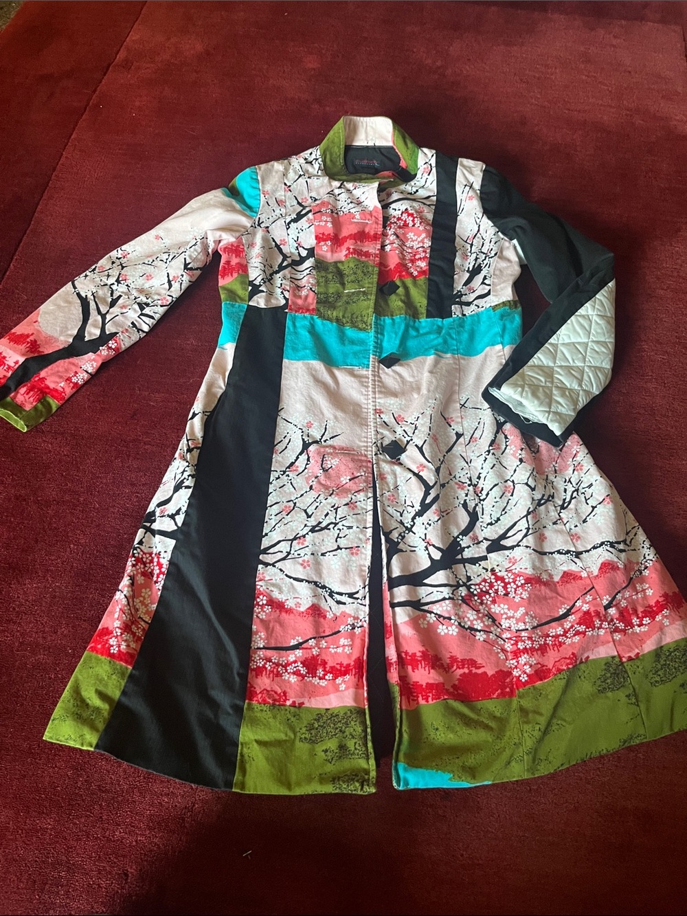 Custo Barcelona Long Patchwork Coat With a Japanese-style Cherry Print